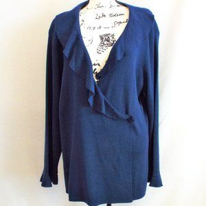 Adrianna Papell Wrap Blue Cardigan Sweater with Ruffled Collar and Sleeves Sz 2x